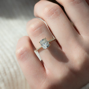 The Pave Kamellie Set With A 2 Carat Elongated Cushion Moissanite