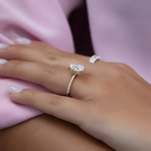The Pave Kamellie Set With A 2 Carat Elongated Cushion Moissanite