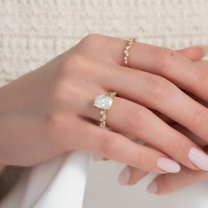 The Mia Set With A 4 Carat Elongated Cushion Moissanite