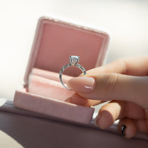 The Penelope Set With A 5 Carat Elongated Cushion Moissanite