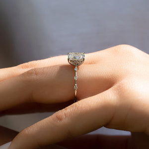 The Penelope Set With A 5 Carat Elongated Cushion Moissanite