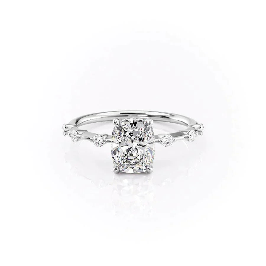 The Hidden Halo Penelope Set With A 2 Carat Elongated Cushion Moissanite