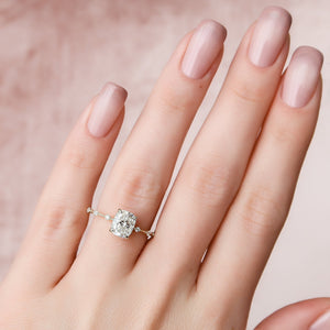 The Hidden Halo Penelope Set With A 2 Carat Elongated Cushion Moissanite
