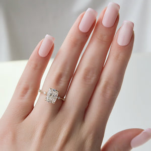 The Hidden Halo Penelope Set With A 2 Carat Elongated Cushion Moissanite