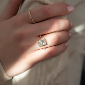 The Hidden Halo Penelope Set With A 2 Carat Elongated Cushion Moissanite