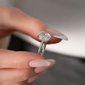 The Celine Set With A 5 Carat Elongated Cushion Moissanite