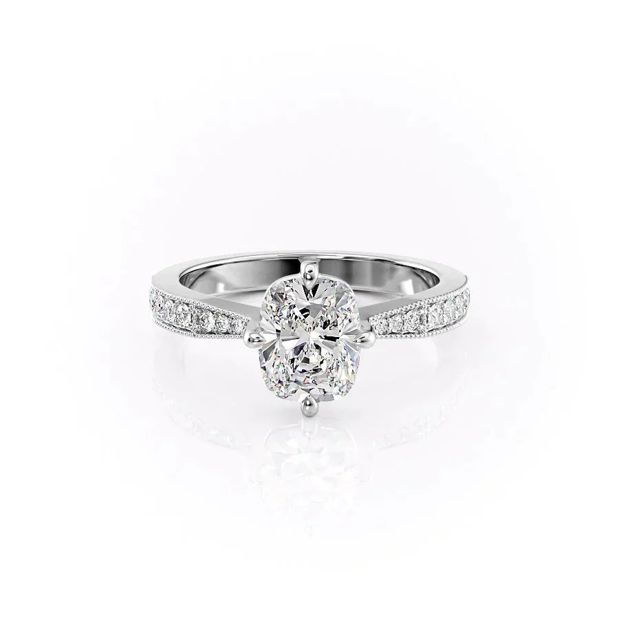 The Rebecca Set With A 5 Carat Elongated Cushion Moissanite