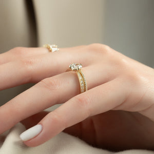 The Rebecca Set With A 5 Carat Elongated Cushion Moissanite