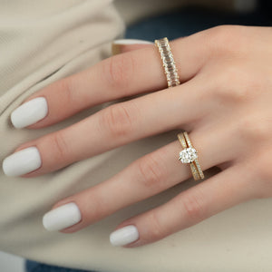 The Rebecca Set With A 5 Carat Elongated Cushion Moissanite
