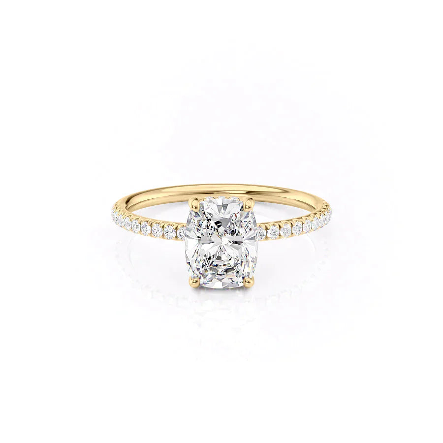 The Low Profile Kamellie Set With A 3 Carat Elongated Cushion Moissanite