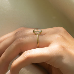 The Low Profile Kamellie Set With A 3 Carat Elongated Cushion Moissanite