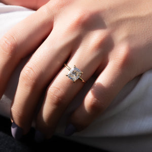 The Low Profile Kamellie Set With A 3 Carat Elongated Cushion Moissanite