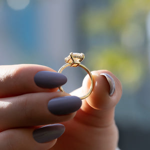 The Low Profile Kamellie Set With A 3 Carat Elongated Cushion Moissanite