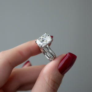 The Caroline Set With A 3.5 Carat Elongated Cushion Moissanite