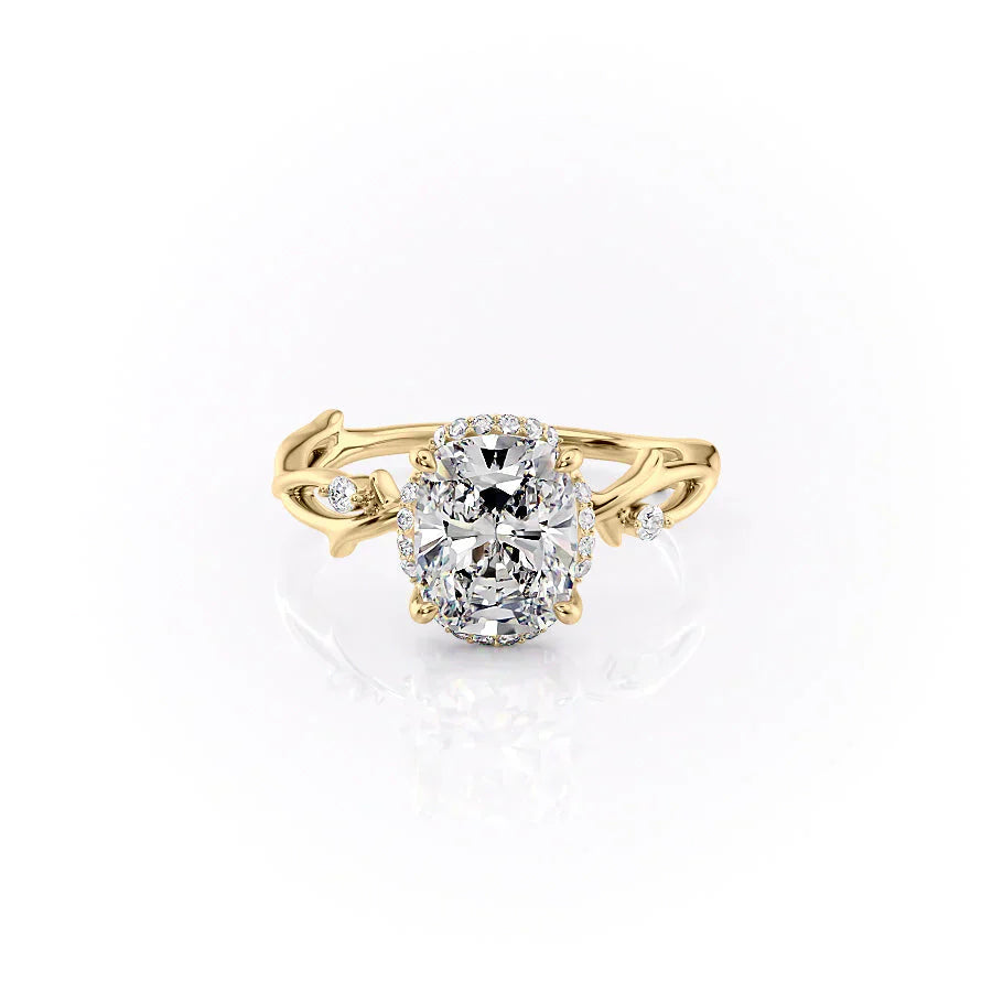 The Halo Twig Set With A 4 Carat Elongated Cushion Moissanite