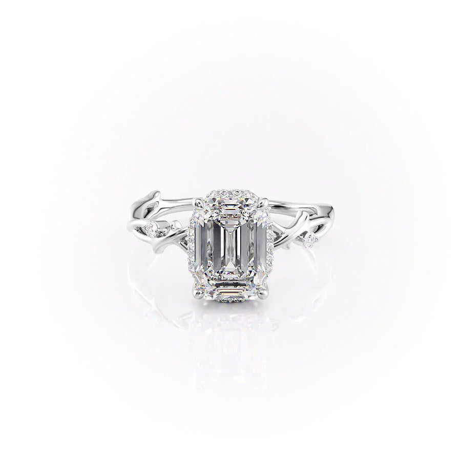 The Halo Twig Set With A 5 Carat Emerald Moissanite
