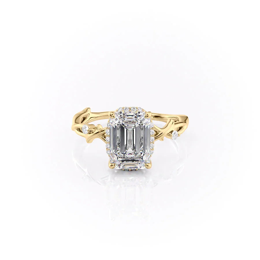 The Halo Twig Set With A 3 Carat Emerald Moissanite