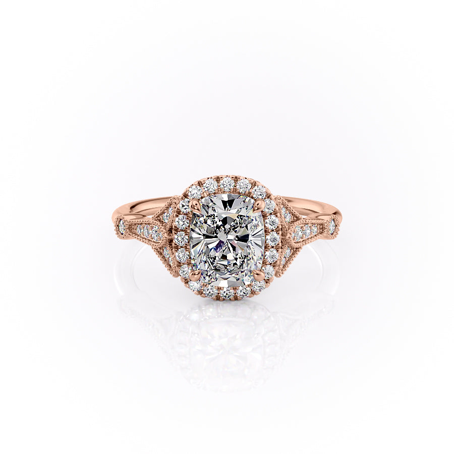 The Halo Stephanie Set With A 5 Carat Elongated Cushion Moissanite