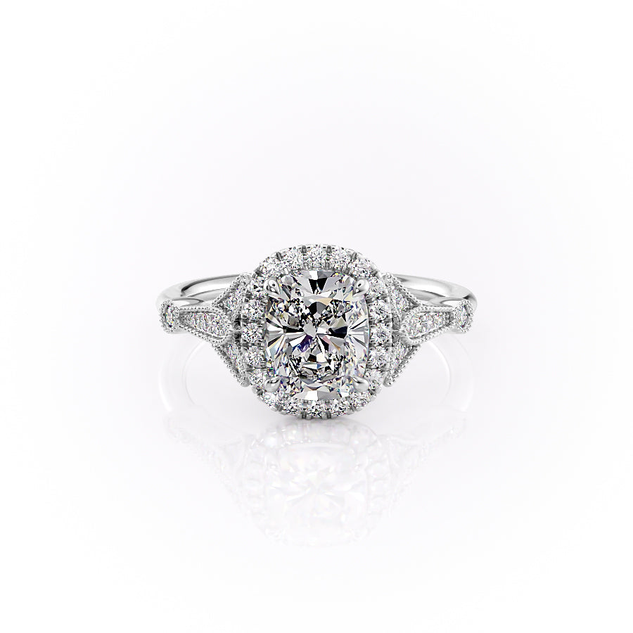The Halo Stephanie Set With A 3 Carat Elongated Cushion Lab Diamond