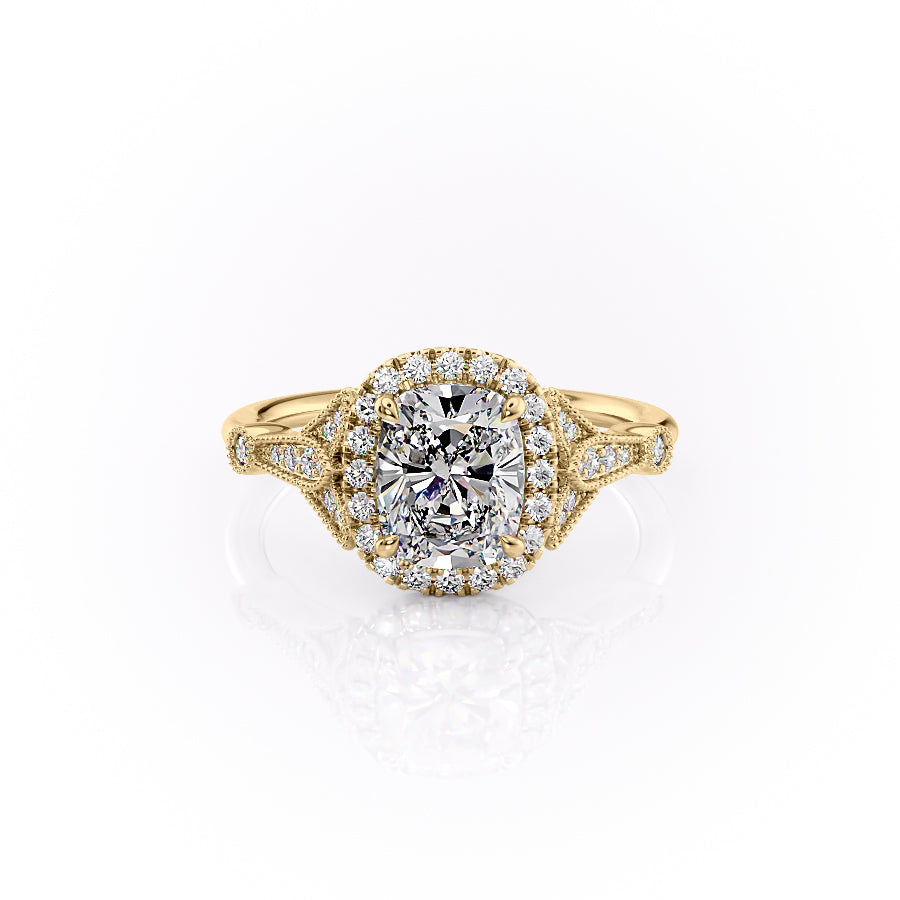 The Halo Stephanie Set With A 2.5 Carat Elongated Cushion Moissanite