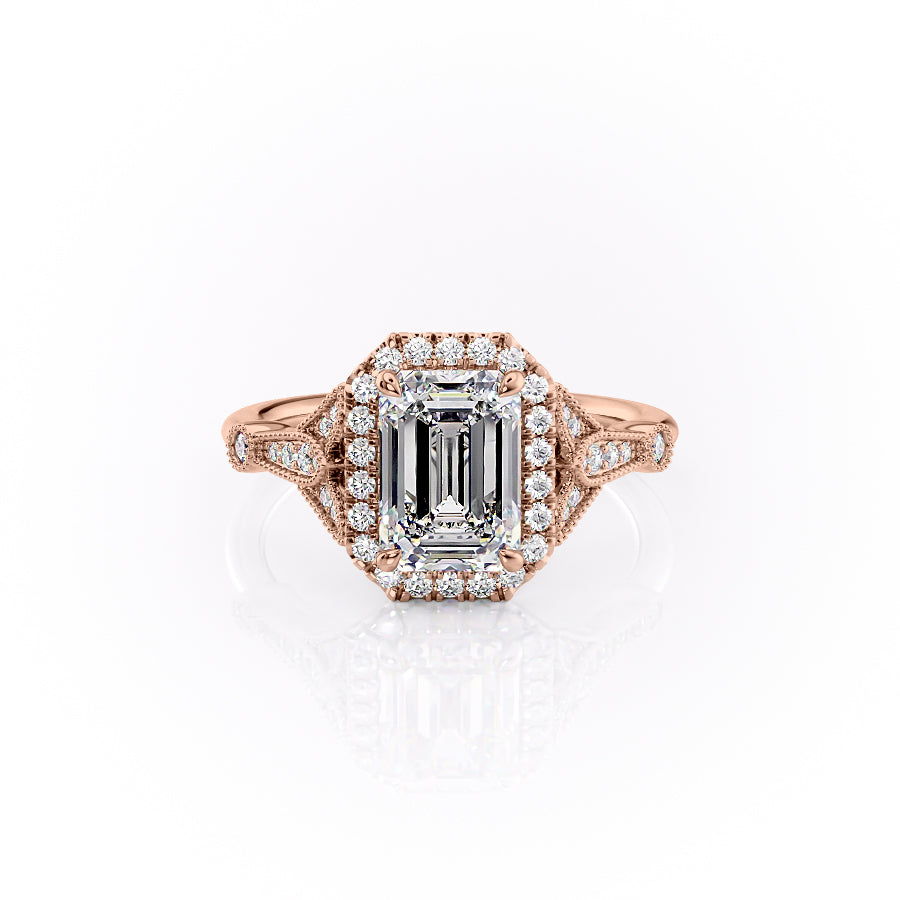 The Halo Stephanie Set With A 1.5 Carat Emerald Moissanite