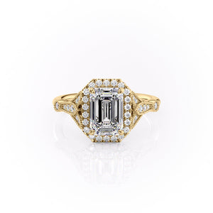The Halo Stephanie Set With A 4.5 Carat Emerald Moissanite