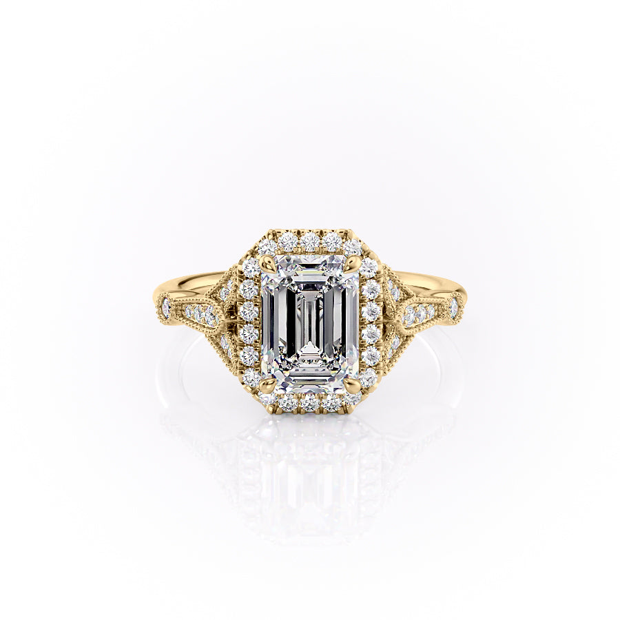 The Halo Stephanie Set With A 1.5 Carat Emerald Lab Diamond