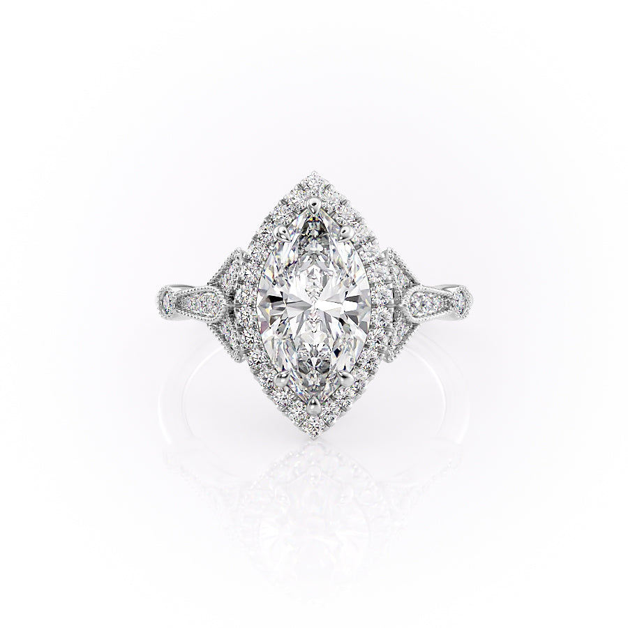 The Halo Stephanie Set With A 1.5 Carat Marquise Lab Diamond