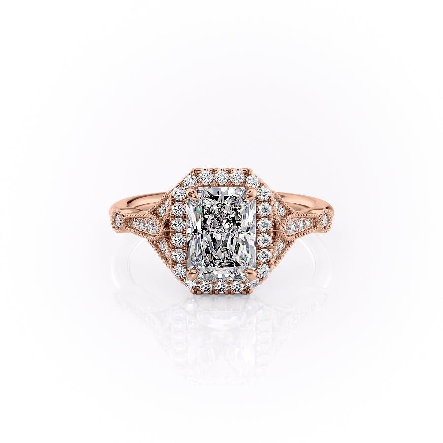 The Halo Stephanie Set With A 1.5 Carat Radiant Moissanite