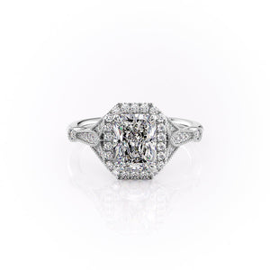 The Halo Stephanie Set With A 1.5 Carat Radiant Moissanite