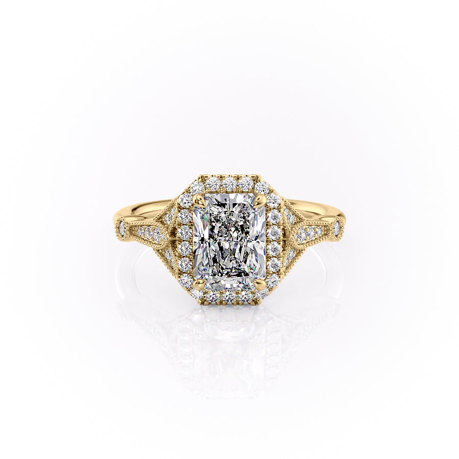 The Halo Stephanie Set With A 1.5 Carat Radiant Moissanite