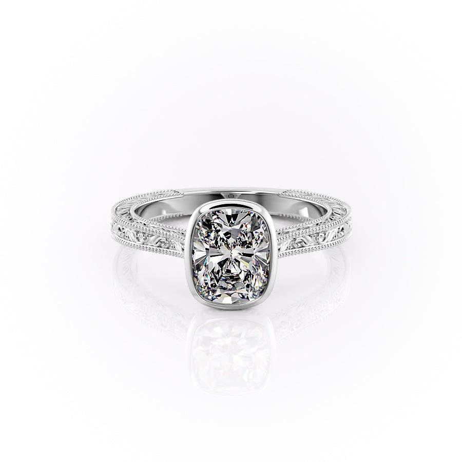 The Bezel Sierra Set With A 2.5 Carat Elongated Cushion Moissanite