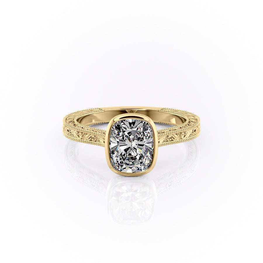 The Bezel Sierra Set With A 2 Carat Elongated Cushion Moissanite
