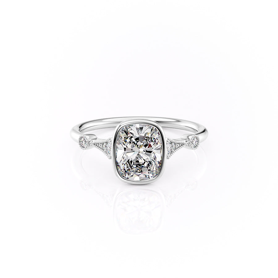 The Bezel Amber Set With A 5 Carat Elongated Cushion Moissanite