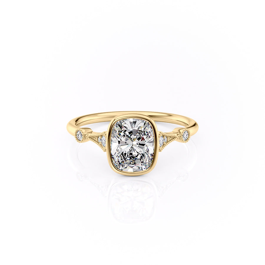 The Bezel Amber Set With A 2 Carat Elongated Cushion Moissanite