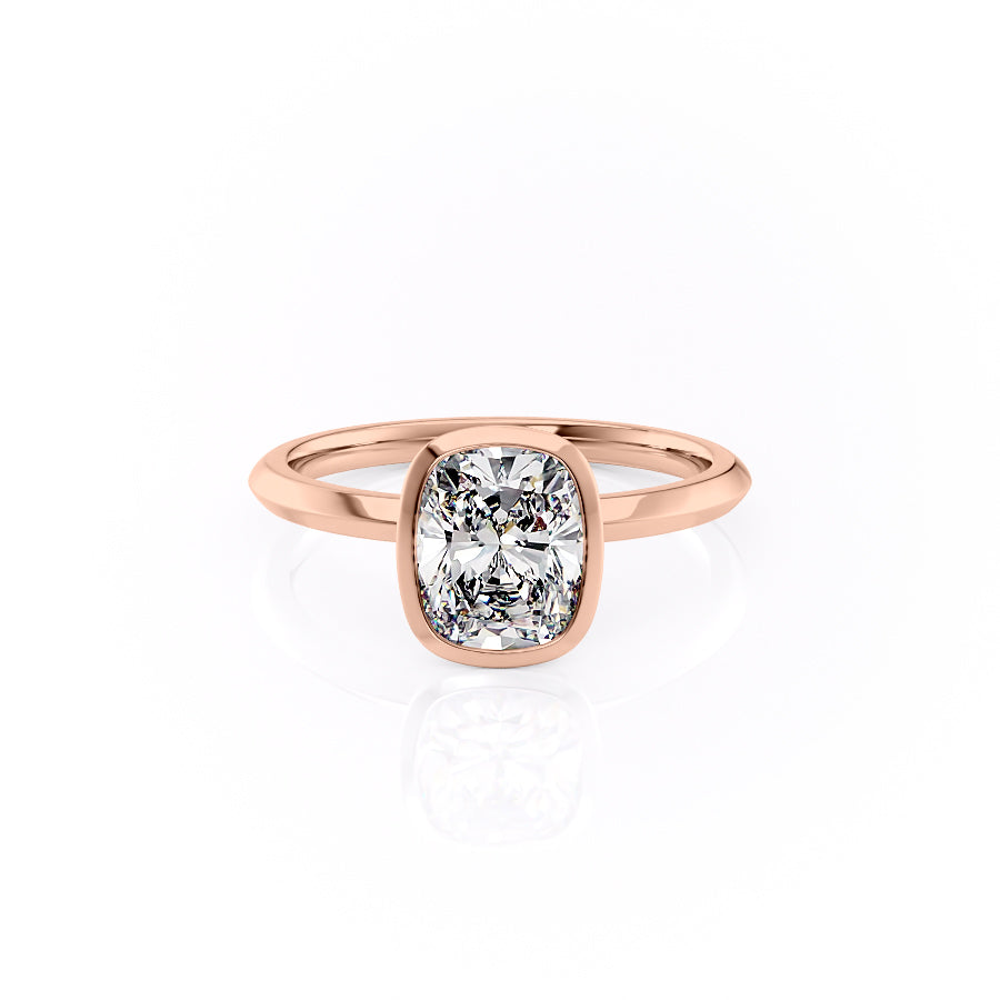 The Razor Bezel Kamellie Set With A 4 Carat Elongated Cushion Moissanite